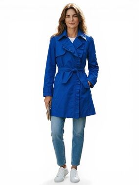 Jessica Simpson Trench Coat Women Blue Belted Zip Front Pockets Size L